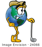 #24066 Clip Art Graphic Of A World Globe Cartoon Character Leaning On A Golf Club While Golfing