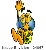 #24067 Clip Art Graphic Of A World Globe Cartoon Character Plugging His Nose While Jumping Into Water