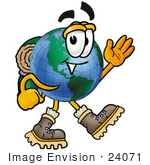 #24071 Clip Art Graphic Of A World Globe Cartoon Character Hiking And Carrying A Backpack