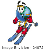 #24072 Clip Art Graphic Of A World Globe Cartoon Character Skiing Downhill
