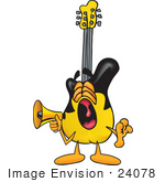 #24078 Clip Art Graphic Of A Yellow Electric Guitar Cartoon Character Screaming Into A Megaphone