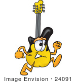 #24091 Clip Art Graphic Of A Yellow Electric Guitar Cartoon Character Running