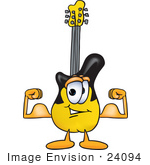 #24094 Clip Art Graphic Of A Yellow Electric Guitar Cartoon Character Flexing His Arm Muscles