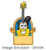#24104 Clip Art Graphic Of A Yellow Electric Guitar Cartoon Character Label