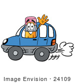 #24109 Clip Art Graphic Of A Yellow Number 2 Pencil With An Eraser Cartoon Character Driving A Blue Car And Waving