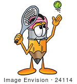 #24114 Clip Art Graphic Of A Yellow Number 2 Pencil With An Eraser Cartoon Character Preparing To Hit A Tennis Ball