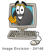 #24146 Clip Art Graphic Of An Ice Hockey Puck Cartoon Character Waving From Inside A Computer Screen