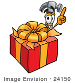 #24150 Clip Art Graphic Of A Hammer Tool Cartoon Character Standing By A Christmas Present