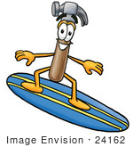 #24162 Clip Art Graphic Of A Hammer Tool Cartoon Character Surfing On A Blue And Yellow Surfboard