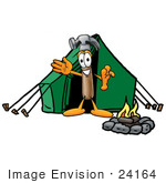 #24164 Clip Art Graphic Of A Hammer Tool Cartoon Character Camping With A Tent And Fire