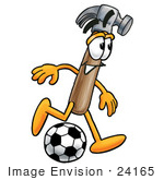 #24165 Clip Art Graphic Of A Hammer Tool Cartoon Character Kicking A Soccer Ball