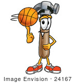 #24167 Clip Art Graphic Of A Hammer Tool Cartoon Character Spinning A Basketball On His Finger