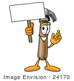 #24170 Clip Art Graphic Of A Hammer Tool Cartoon Character Holding A Blank Sign