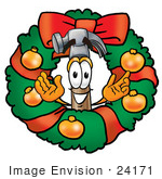#24171 Clip Art Graphic Of A Hammer Tool Cartoon Character In The Center Of A Christmas Wreath