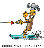 #24176 Clip Art Graphic Of A Hammer Tool Cartoon Character Waving While Water Skiing