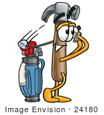 #24180 Clip Art Graphic Of A Hammer Tool Cartoon Character Swinging His Golf Club While Golfing
