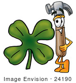 #24190 Clip Art Graphic Of A Hammer Tool Cartoon Character With A Green Four Leaf Clover On St Paddy’S Or St Patricks Day