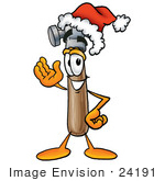 #24191 Clip Art Graphic Of A Hammer Tool Cartoon Character Wearing A Santa Hat And Waving