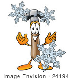 #24194 Clip Art Graphic Of A Hammer Tool Cartoon Character With Three Snowflakes In Winter