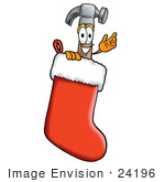 #24196 Clip Art Graphic Of A Hammer Tool Cartoon Character Inside A Red Christmas Stocking