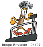#24197 Clip Art Graphic Of A Hammer Tool Cartoon Character Walking On A Treadmill In A Fitness Gym