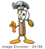 #24199 Clip Art Graphic Of A Hammer Tool Cartoon Character Looking Through A Magnifying Glass