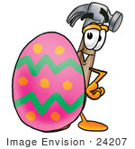 #24207 Clip Art Graphic Of A Hammer Tool Cartoon Character Standing Beside An Easter Egg