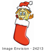 #24213 Clip Art Graphic Of A Yellow Residential House Cartoon Character Wearing A Santa Hat Inside A Red Christmas Stocking
