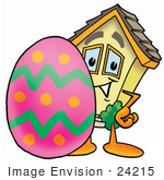#24215 Clip Art Graphic Of A Yellow Residential House Cartoon Character Standing Beside An Easter Egg