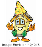 #24218 Clip Art Graphic Of A Yellow Residential House Cartoon Character Wearing A Birthday Party Hat