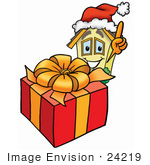 #24219 Clip Art Graphic Of A Yellow Residential House Cartoon Character Standing By A Christmas Present