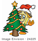 #24225 Clip Art Graphic Of A Yellow Residential House Cartoon Character Waving And Standing By A Decorated Christmas Tree