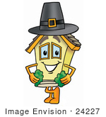 #24227 Clip Art Graphic Of A Yellow Residential House Cartoon Character Wearing A Pilgrim Hat On Thanksgiving