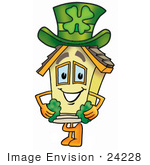 #24228 Clip Art Graphic Of A Yellow Residential House Cartoon Character Wearing A Saint Patricks Day Hat With A Clover On It