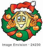 #24230 Clip Art Graphic Of A Yellow Residential House Cartoon Character In The Center Of A Christmas Wreath