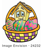#24232 Clip Art Graphic Of A Yellow Residential House Cartoon Character In An Easter Basket Full Of Decorated Easter Eggs