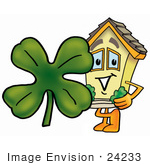 #24233 Clip Art Graphic Of A Yellow Residential House Cartoon Character With A Green Four Leaf Clover On St Paddy’S Or St Patricks Day