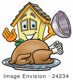 #24234 Clip Art Graphic Of A Yellow Residential House Cartoon Character Serving A Thanksgiving Turkey On A Platter