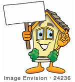#24236 Clip Art Graphic Of A Yellow Residential House Cartoon Character Holding A Blank Sign