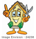 #24238 Clip Art Graphic Of A Yellow Residential House Cartoon Character Holding A Pair Of Scissors