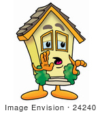 #24240 Clip Art Graphic Of A Yellow Residential House Cartoon Character Whispering And Gossiping