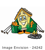 #24242 Clip Art Graphic Of A Yellow Residential House Cartoon Character Camping With A Tent And Fire