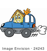 #24243 Clip Art Graphic Of A Yellow Residential House Cartoon Character Driving A Blue Car And Waving
