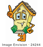 #24244 Clip Art Graphic Of A Yellow Residential House Cartoon Character Pointing Upwards