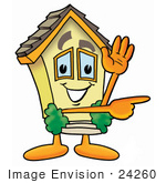 #24260 Clip Art Graphic Of A Yellow Residential House Cartoon Character Waving And Pointing