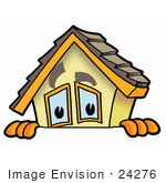 #24276 Clip Art Graphic Of A Yellow Residential House Cartoon Character Peeking Over A Surface