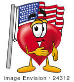 #24312 Clip Art Graphic Of A Red Love Heart Cartoon Character Pledging Allegiance To An American Flag