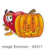 #24317 Clip Art Graphic Of A Red Love Heart Cartoon Character With A Carved Halloween Pumpkin
