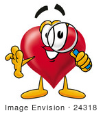 #24318 Clip Art Graphic Of A Red Love Heart Cartoon Character Looking Through A Magnifying Glass