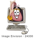 #24330 Clip Art Graphic Of A Human Heart Cartoon Character Waving From Inside A Computer Screen